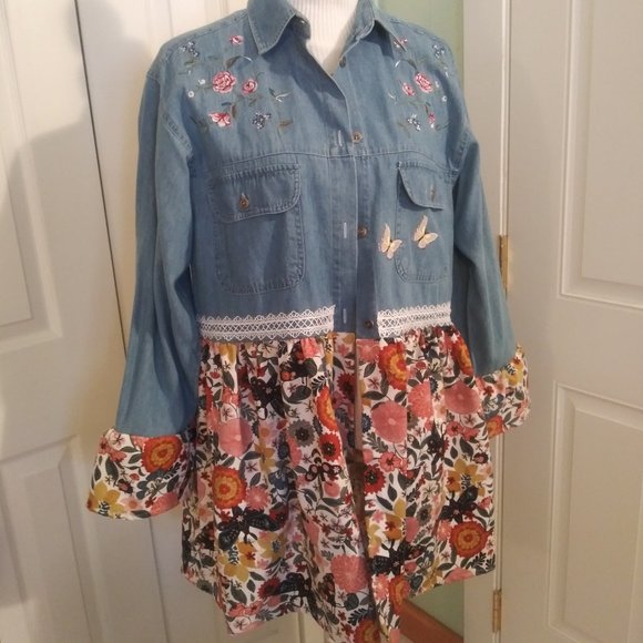 Capacity Jackets & Blazers - 2428 Jeaniemade Size M/L Capacity Embroidered Upcycled Jean Tunic Jacket